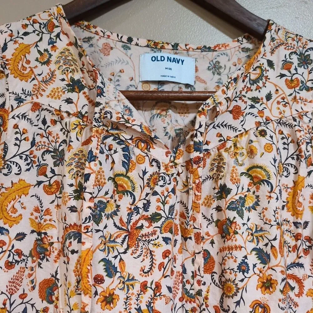 Old Navy Floral Puff‎ Sleeve Tiered Dress Girls M 8 Yellow Boho Cottage Peasant